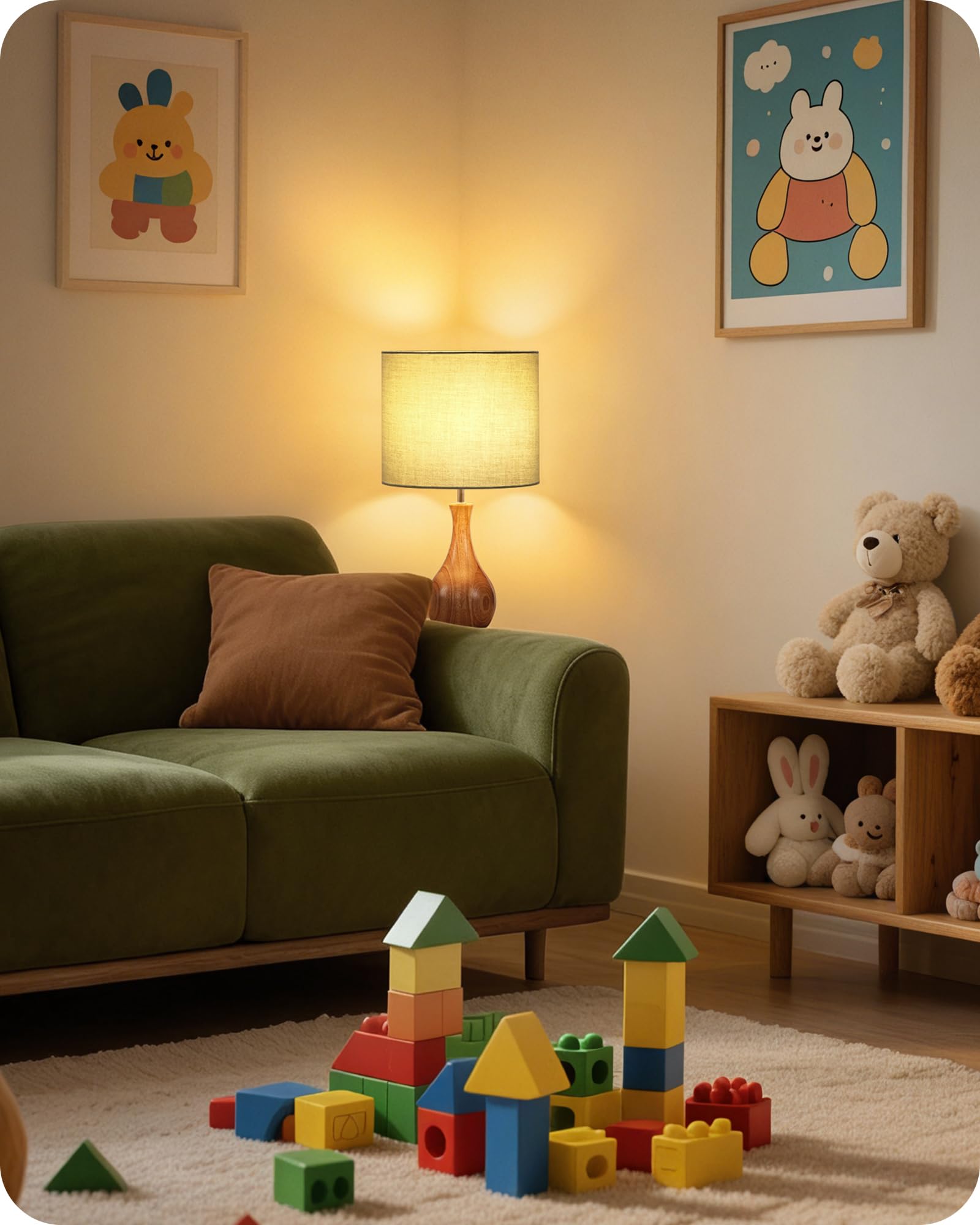 Lámpara de Mesita de Noche de Madera Verde | Maciza con Base en Forma de Botella, Pantalla de Lino, Incluye una Bombilla LED 2700K, para Sala de Estar, Dormitorio