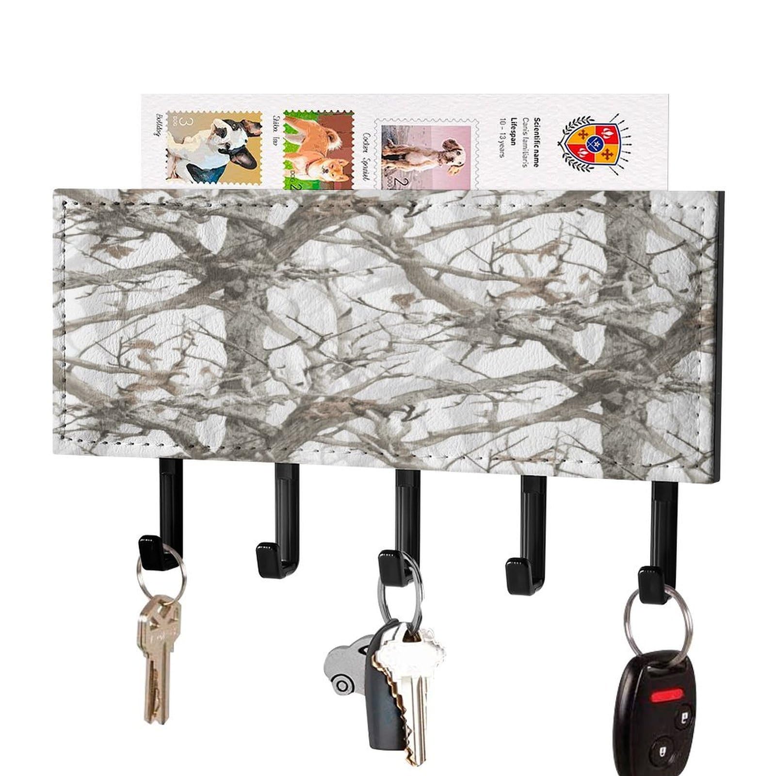Fekiloot Black-Style White Tree Camo Key Holder For Wall Decorative Mail Organizer With 5 Key Hook Self Adhesive Key Rack With Tray Coat Rack Wall Mount Key Hanger Decor For Entryway Door
