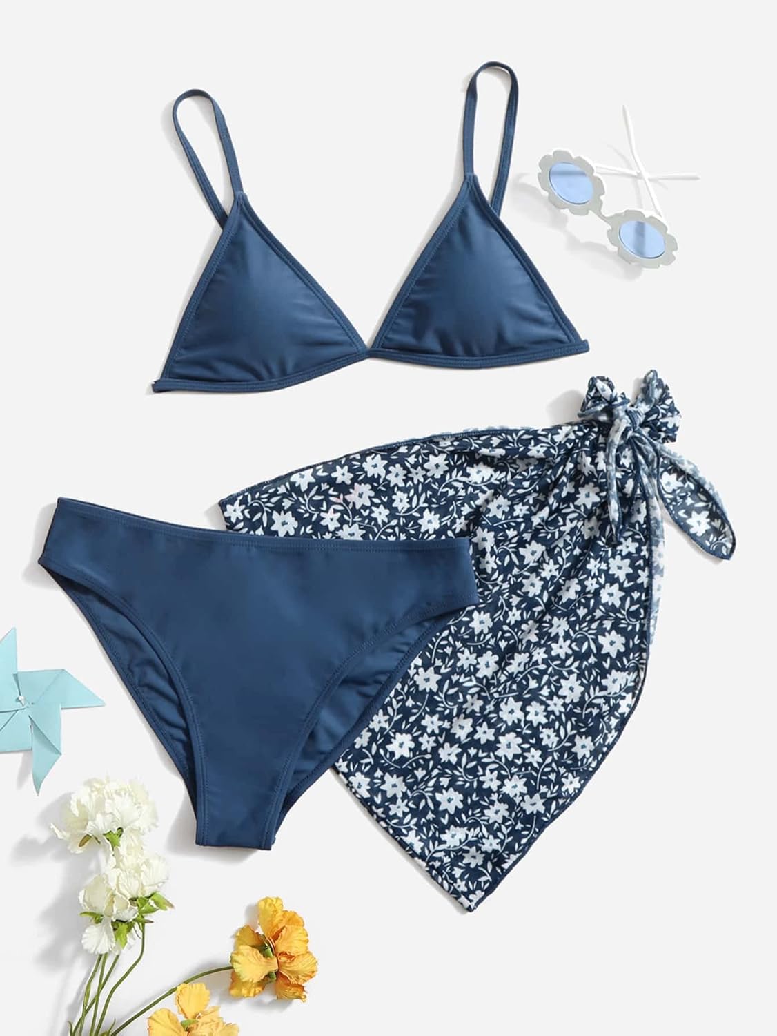 SHENHE Girl's 3 Piece Swimsuits Cute Spaghetti Strap Triangle Bikini with Ditsy Floral Print Cover Up Kids Bathing Suits - Image 5