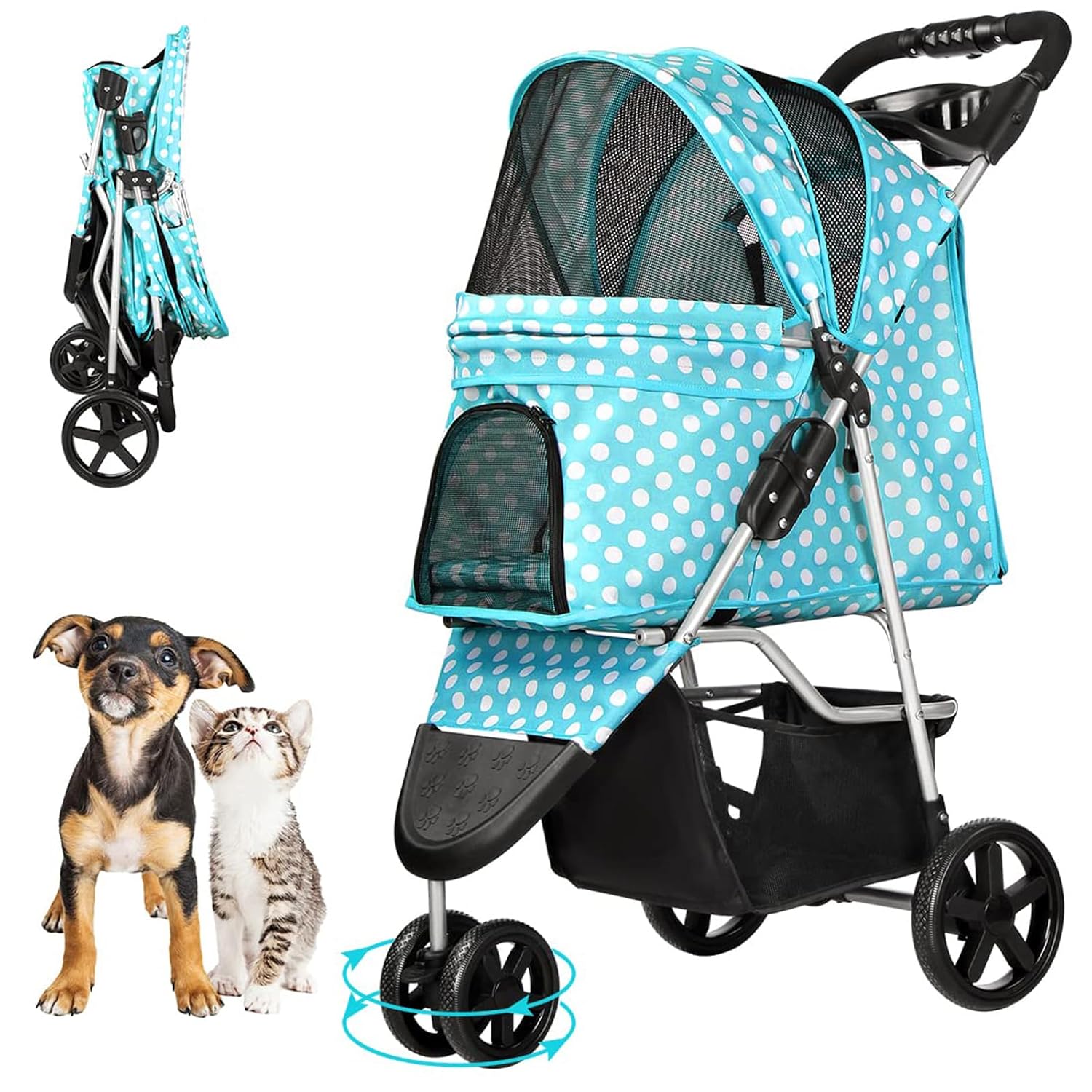 Dog Stroller for Small Dogs, Portable Pet Stroller for Cats Folding Puppy Stroller Lightweight Dog Cat Cage Jogger Stroller with Storage Basket and Cup Holder, 3 Wheels, Polka Blue Dot Blue 3-wheel