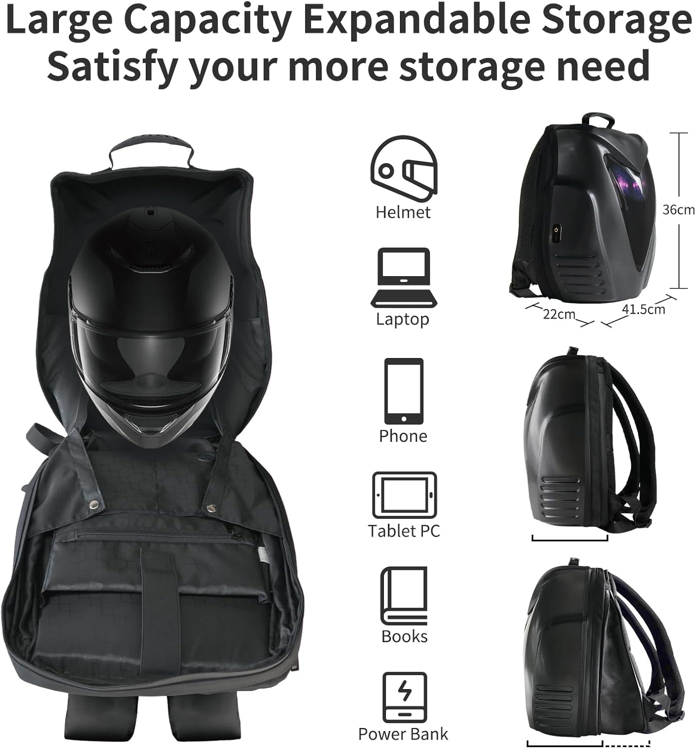 Motorcycle Backpack for Men, LED Backpack With DIY Programmable Full Color Screen, Hard Shell Large Capacity Waterproof Helmet Bag Laptop Backpack(Black)