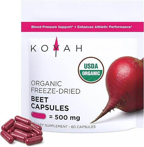 KOYAH - Cápsulas orgánicas de remolacha  Raíz de remolacha entera liofilizada  500 mg de polvo por cápsula (equivalente a 4.000 mg de remolacha