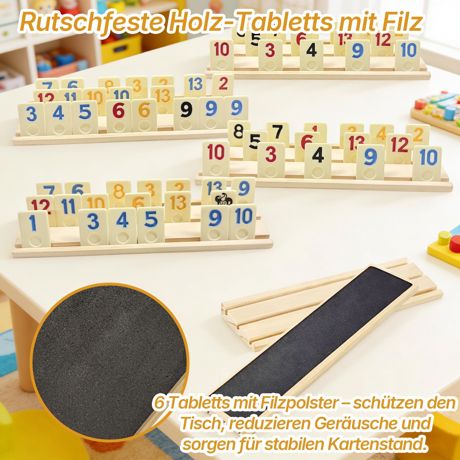 Rummy Spiel Set für 2–6 Spieler mit 160 Steinen, 6 Holzhalter, Würfel & Aufbewahrungsbox – Klassisches Brettspiel, Familienspiel & Reisespiel für Kinder und Erwachsene