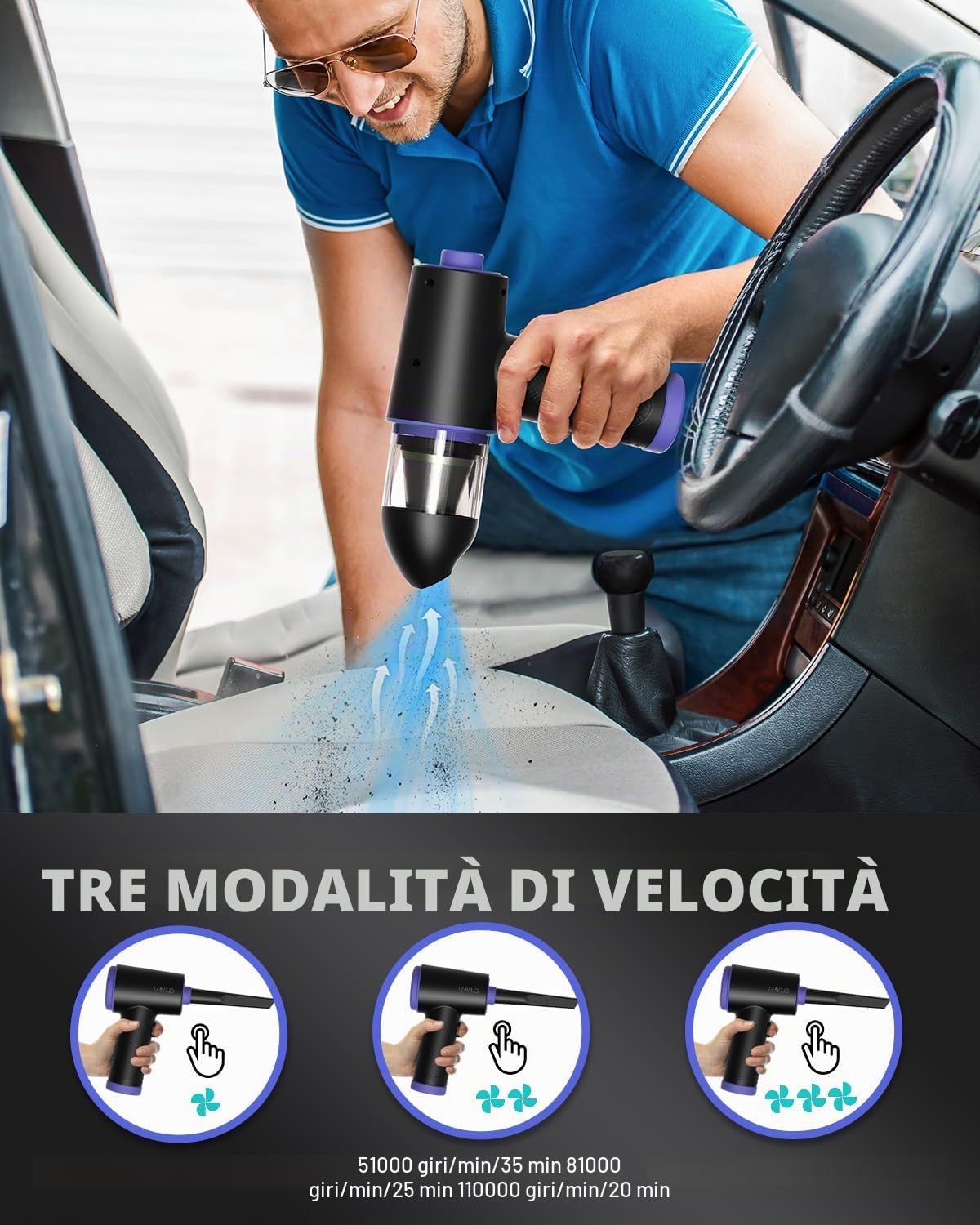 CLEVAST Elettrico Rimuovi Polvere Aria Compressa Senza Fili, 3 in 1 Bomboletta Aria Compressa 3 Velocità 110000RPM, Aria Compressa PC Air Duster Con luce LED Compressore Aria per Computer