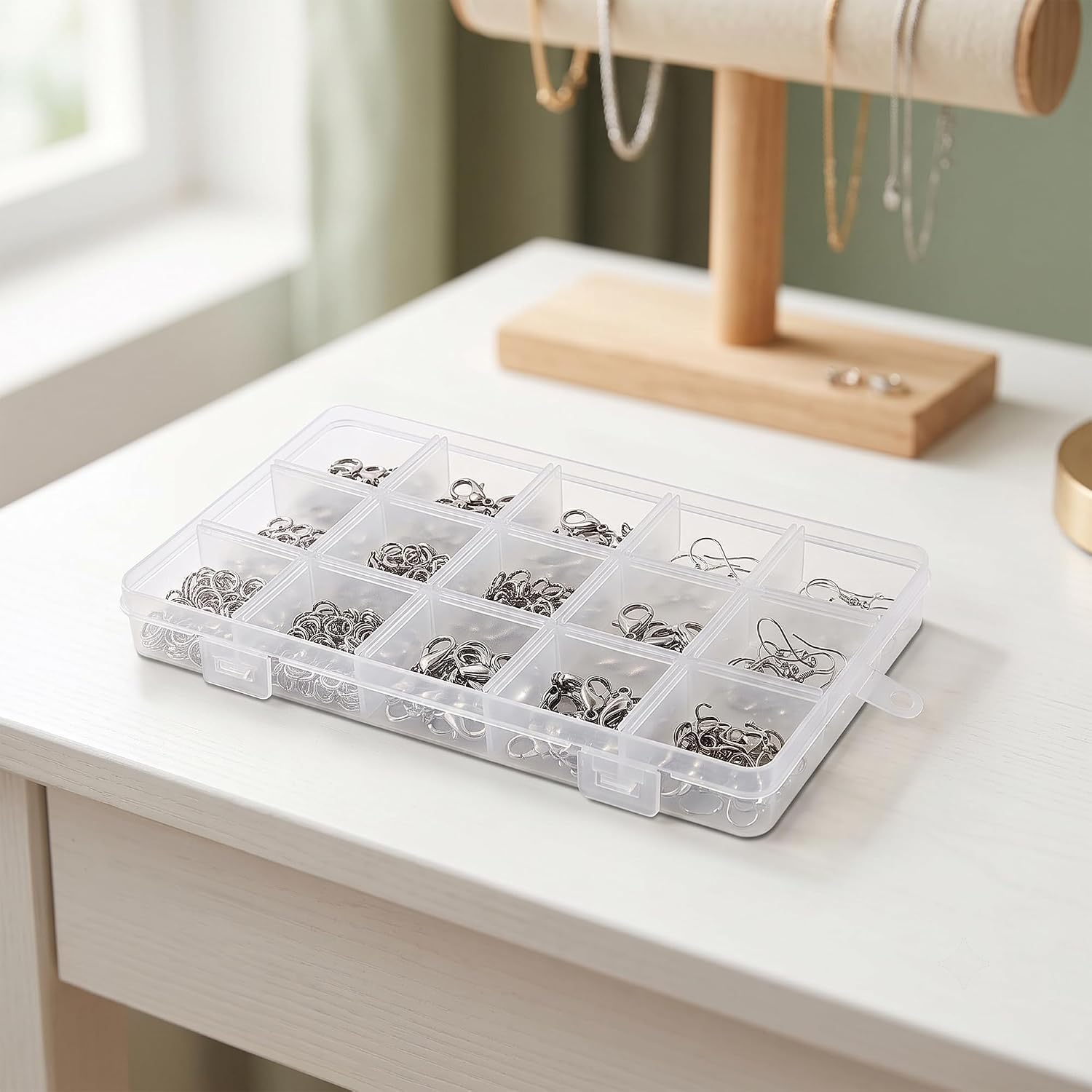 MAHIONG 40 PCS 15 Grids Clear Plastic Bead Organizer Box with Fixed Dividers for Jewelry Making, Fishing Tackle and Small Parts Storage, 6.7 x 3.7 x 0.7 Inch