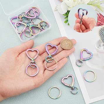 PandaHall Pack of 20 Rainbow Twist Clasps Set of 10 Heart-Shaped Alloy Carabiner Hooks for Lanyard Key Ring with Round Split Key Rings Made of Stainless Steel for Lanyard