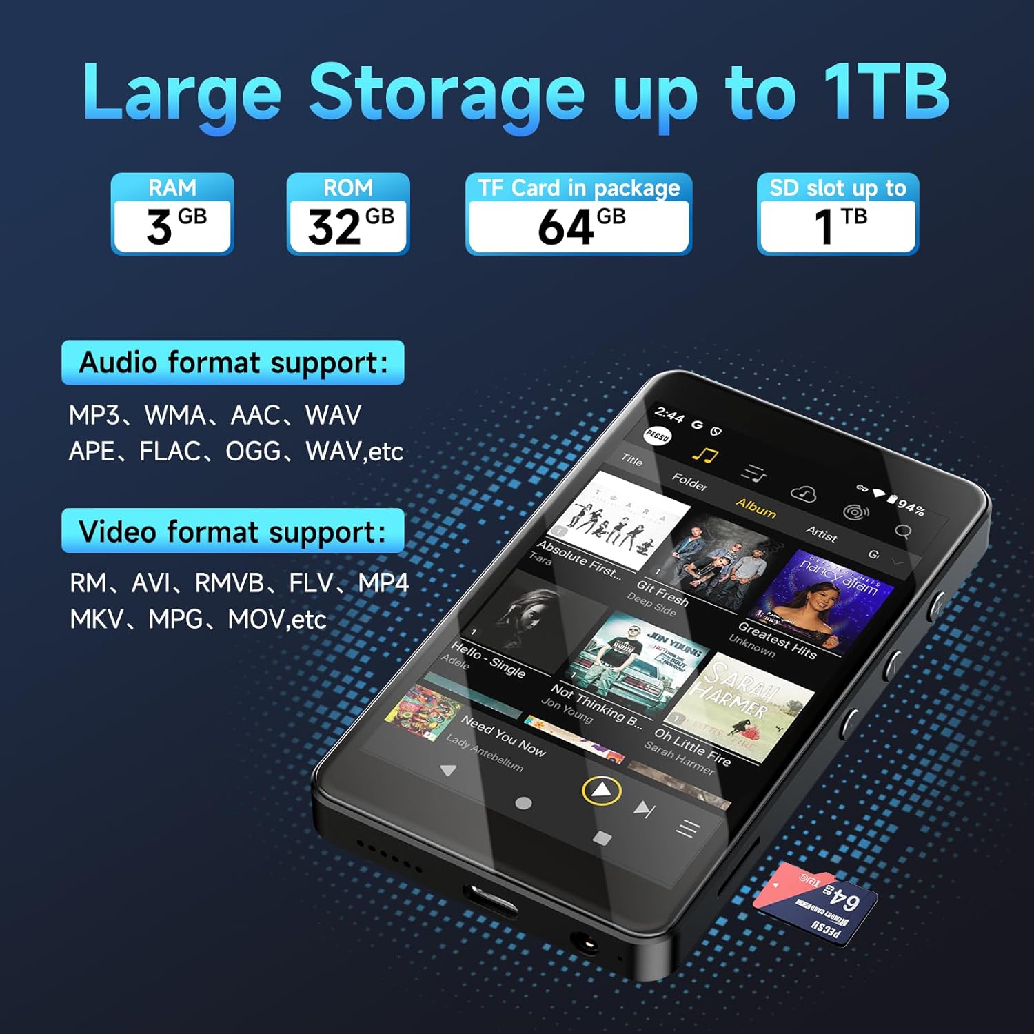 PECSU G4S MP3 Player showing Parental Management interface with options for blocked apps and PIN code