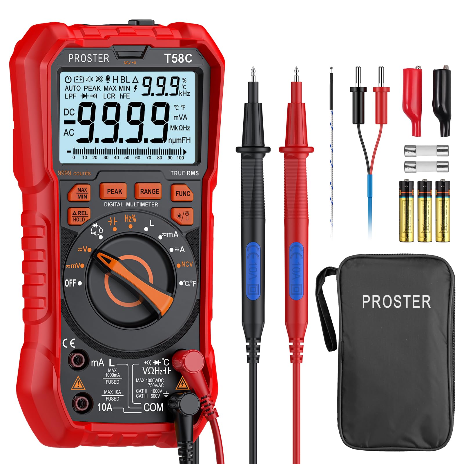 Proster Multimètre Numérique Automatique 9999 Comptes TRMS NCV - Testeur Électrique Inductance, Rappel de Prise, Voltmètre Ampèremètre AC/DC, Tension Courant Capacité Température, Peak - Électricien