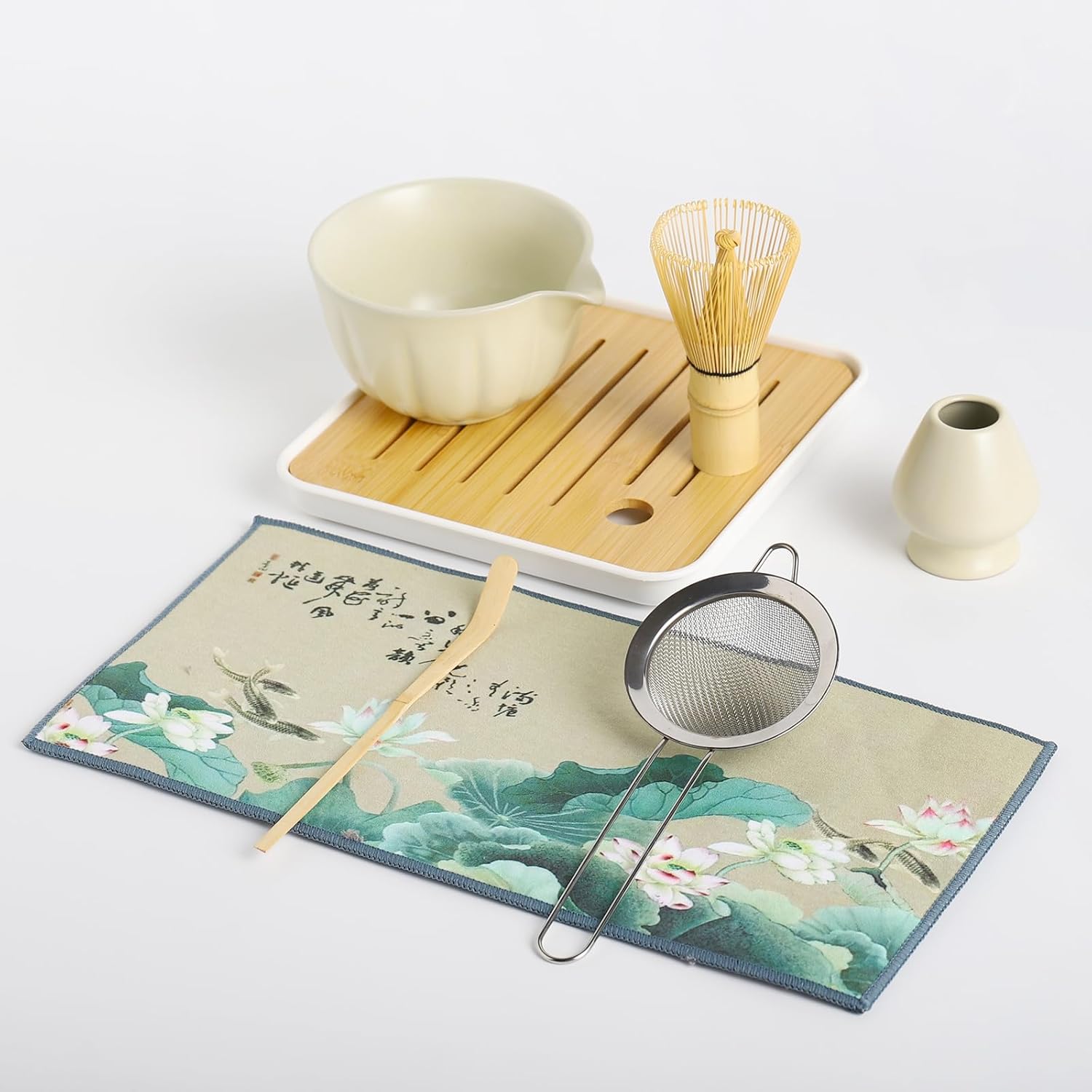 Matcha whisk Set, 8 Pcs Matcha Set with Holder/Scoop/Sifter/Leather Storage Box, 14 OZ,Perfect Matcha Kit for Tea Ceremony,Japanese Tea Making Tools (Beige) - Image 2