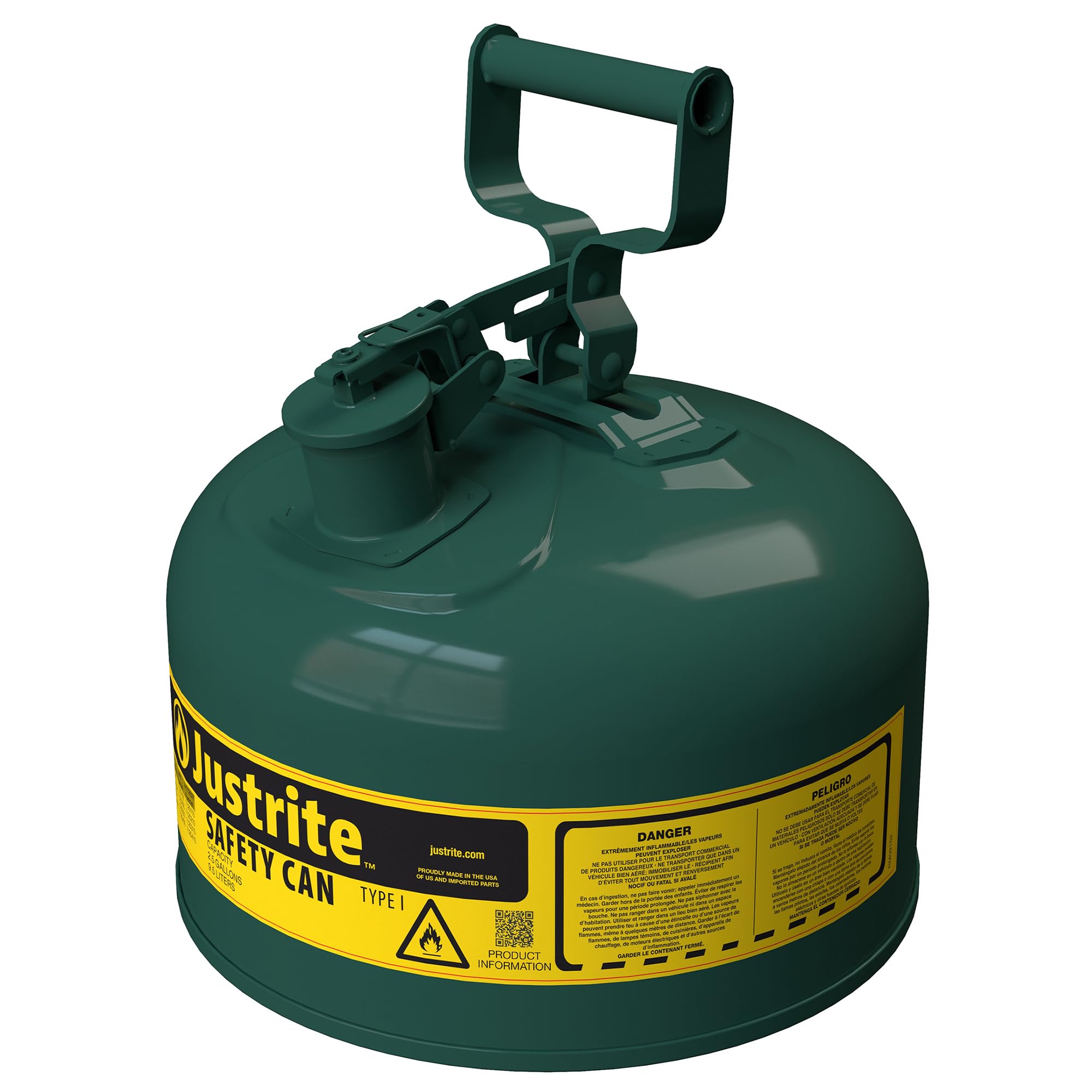 Justrite Type I Oils Safety Can, Green Galvanized Steel, Made in the USA