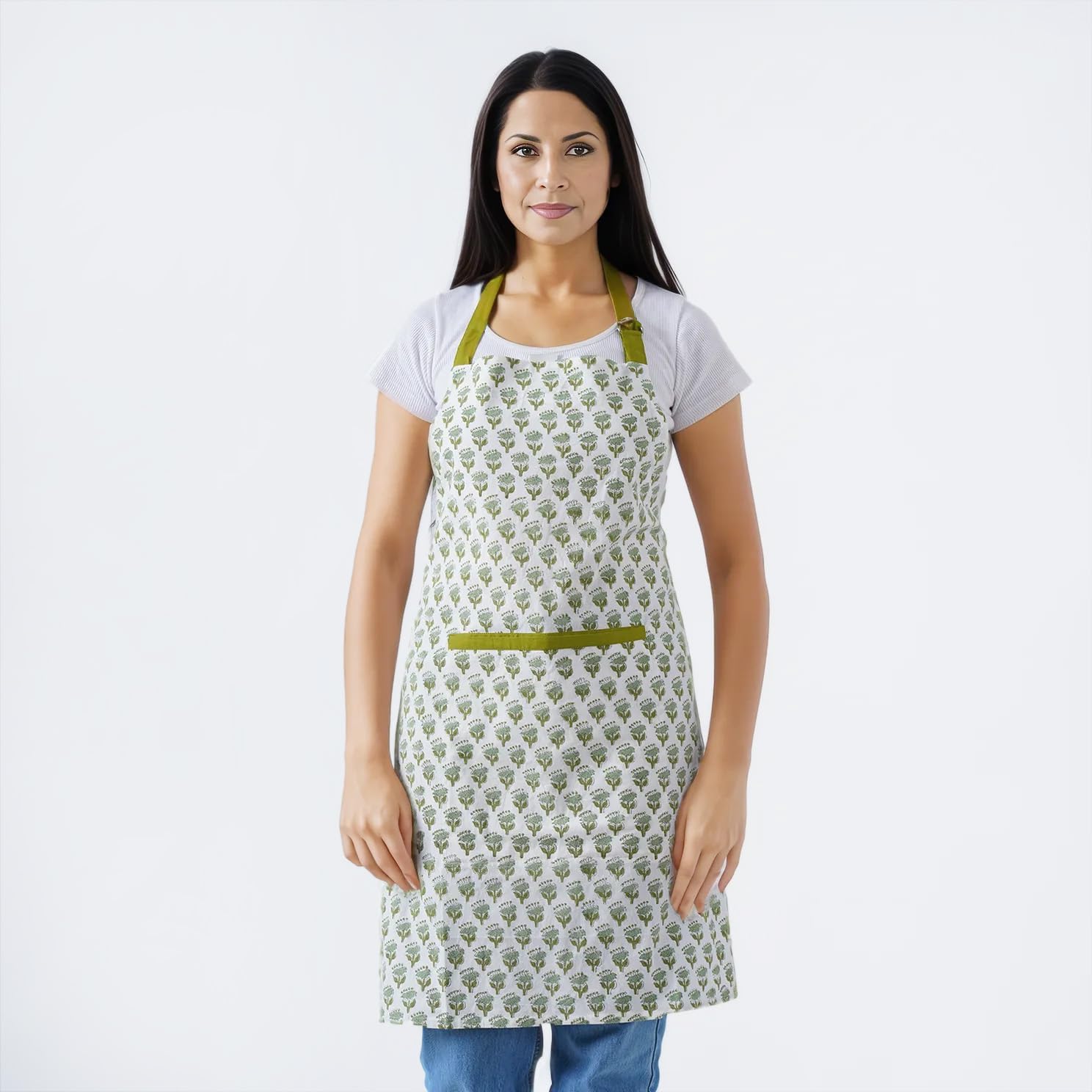 CPC Cotton Floral Kitchen Apron for women with Pocket and Adjustable Neck Ties. Apron for Women Men Chef-Hand Block Printed - Image 2