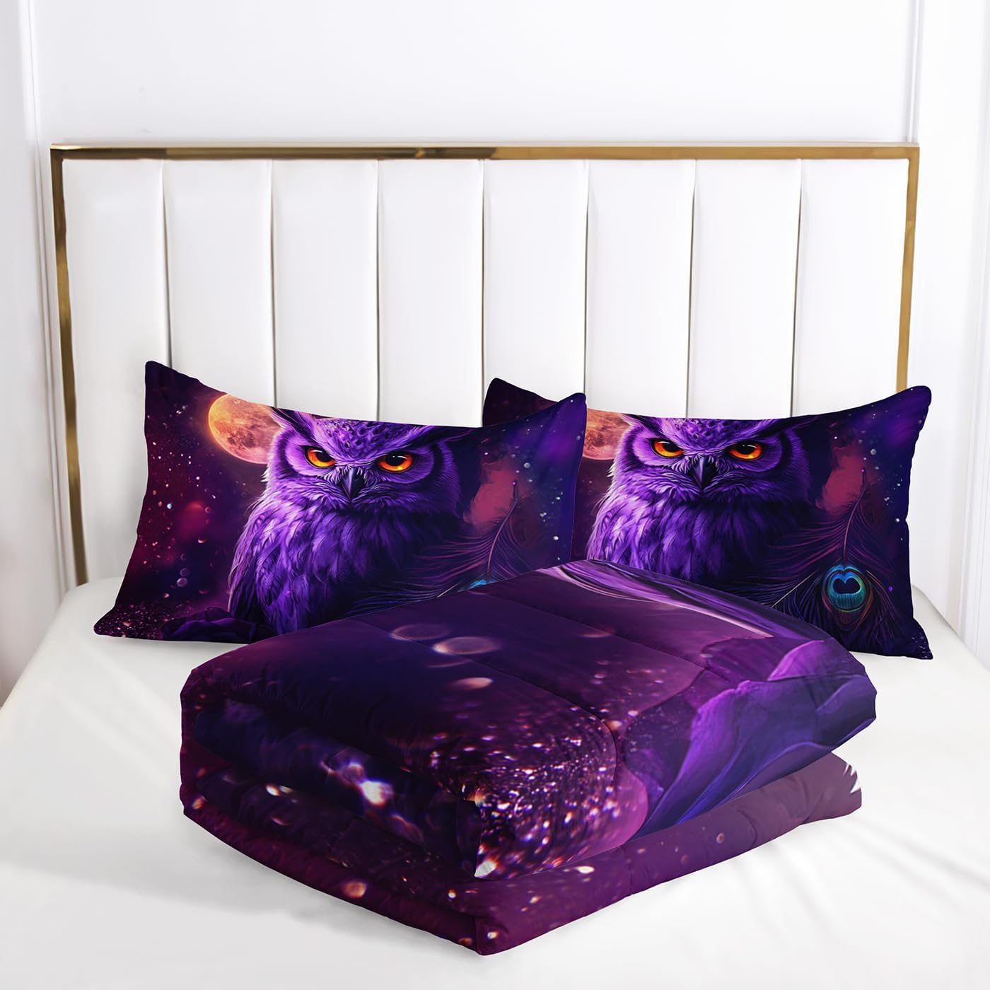 AILONEN Purple Owl Comforter Set Queen Size,Girls Night Starry Owl Wild Animal Bedding Set 3Pcs,Beautiful Peacock Feather Rose Soft Quilt with 2 Pillowcases