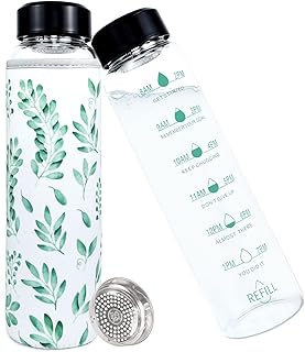 Trinkflasche Glas 1L mit Zeitmarkierung,1000ml Sport Trinkflasche Glas Wasserflasche mit Eukalyptus-Schutzhülle & Edelstahl Sieb,BPA-frei,Glasflasche Auslaufsichere Trinkflasche Kohlensäure Geeignet