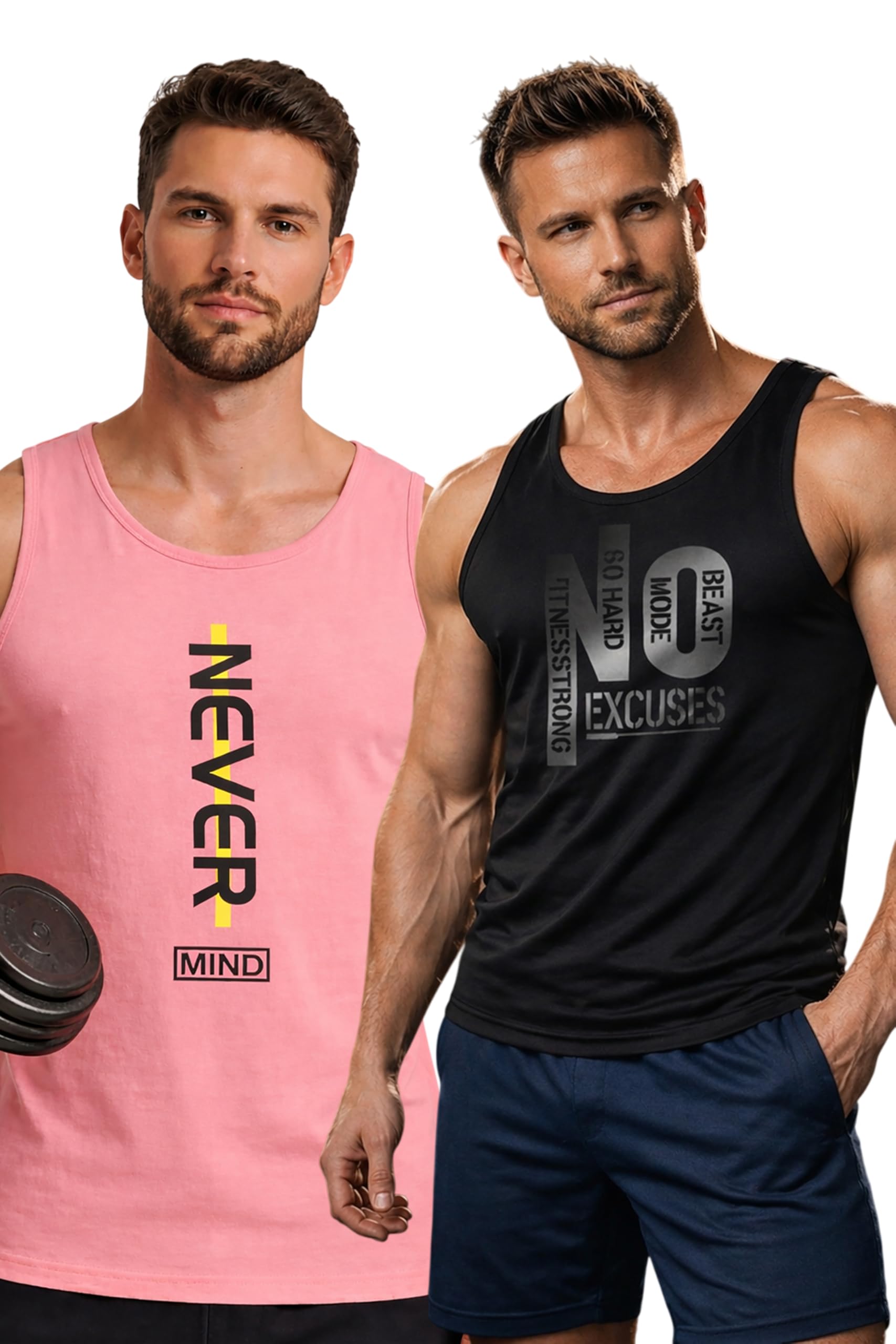 Polyester Letter Printed Vest for Men - Pack of 2 - Black & Pink | Round Neck | Sleeveless | Regular Fit | Summer & Gym Wear Tank Top for Men-image-43