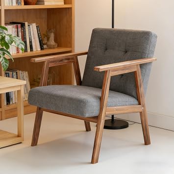 Mid Century Modern Accent Chair for Living Room, Sturdy Solid Wood Armchair with High Density Foam Cushion - Gray Fabric, Compact Side Chair for Bedroom, Office, Easy Assembly Dark Grey