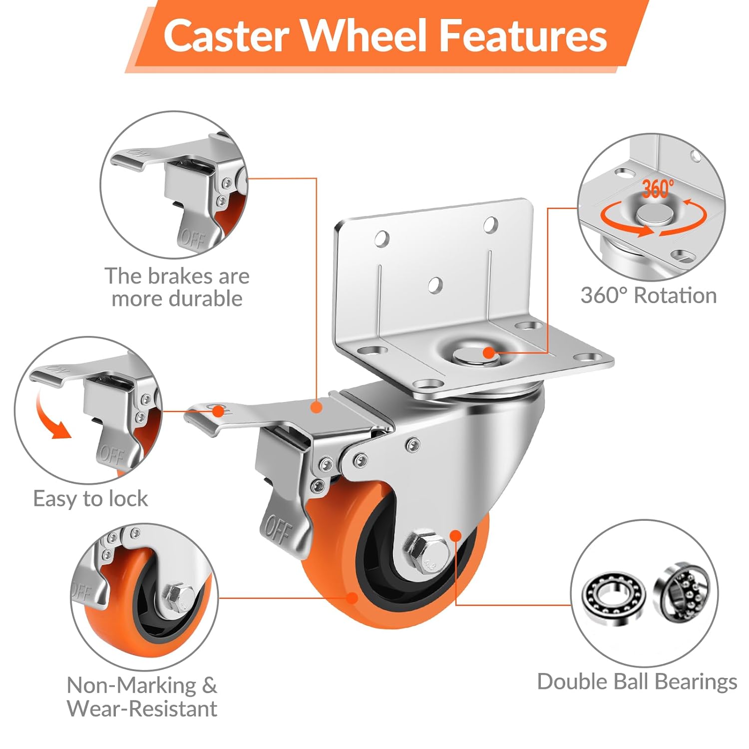 Caster Wheels,4 Inch L-Shaped Casters Set of 4 Heavy Duty,8-Pack Industrial Casters with Brake Polyurethane Wheels, Locking Caster Wheels for Furniture and Workbench