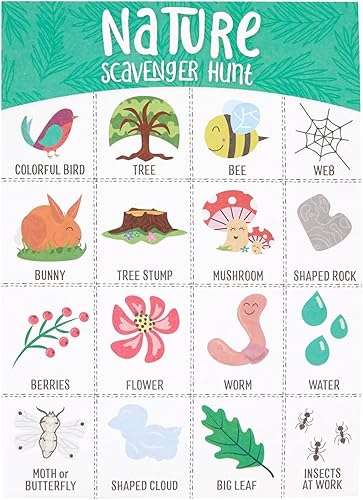Miniatura 9 de Juvale Paquete de 50 tarjetas de caza del tesoro de la naturaleza para niños al aire libre, hojas de juegos de campamento para encontrar y buscar