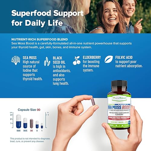 Miniatura 3 de Power By Naturals Sea Moss Advanced con aceite de semilla negra y cápsulas de saúco, cápsulas certificadas de musgo marino irlandés orgánico para