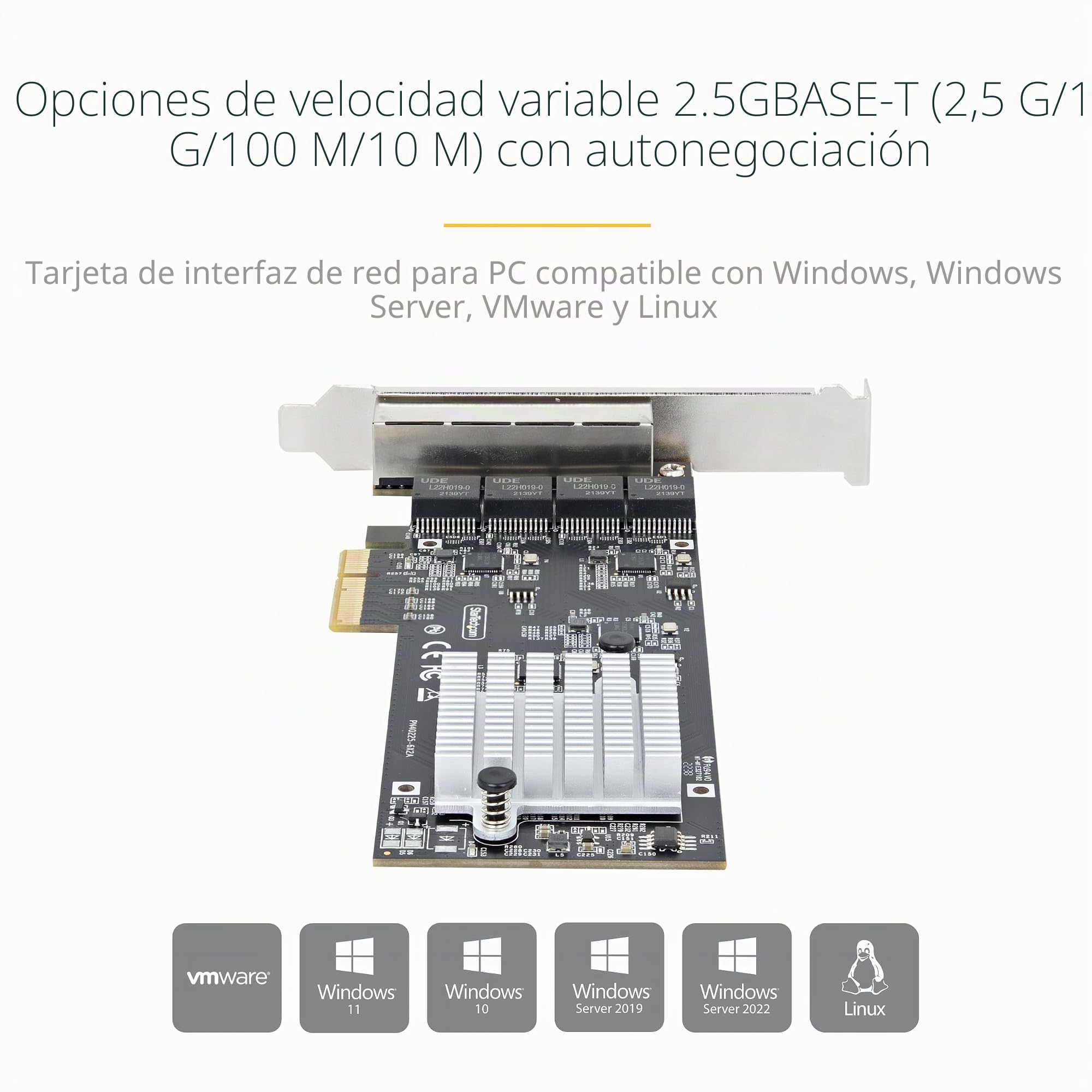 StarTech Tarjeta de Red PCIe 4 Puertos 2,5G I225-V (PR42GI-NETWORK-CARD) | Multigigabit sobre cableado Cat5e/Cat6, Compatible con NBASE-T 802.3bz, PCI Express 2.0