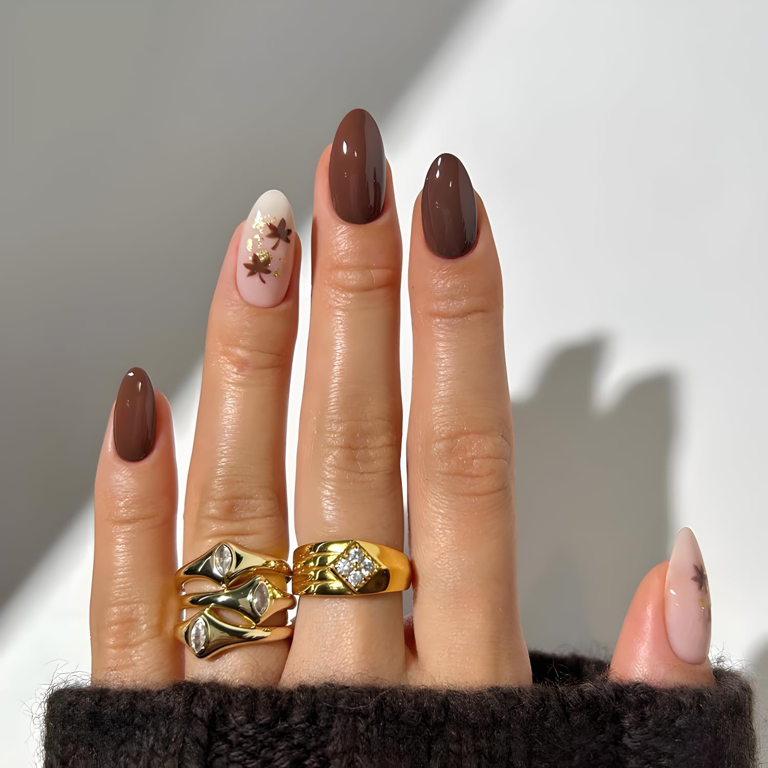 24Pcs Fake Nails - Fall Almond Press On Nails with Glitter