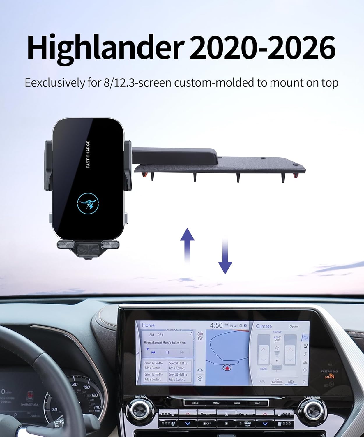 15W Wireless Fast Charger for Toyota Highlander/Hybrid 2020-2026 Accessories 8/12.3-inch Screen Fixed Clip, Auto Accessories Navigation Bracket, Interior Decoration Mobile Phone Mount