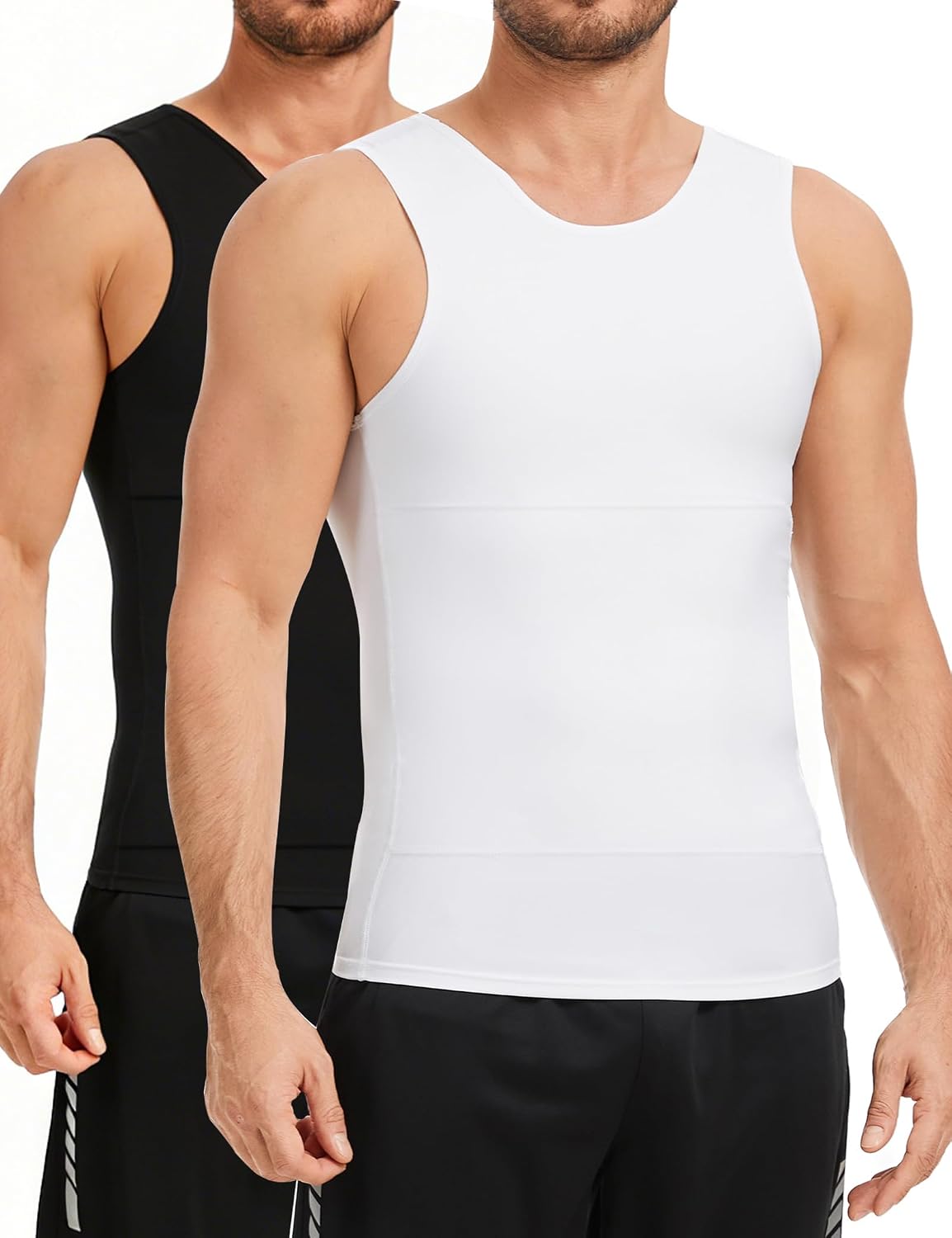 2 Pack Compression Shirt Tummy Control Undershirts Vest Workout Shapewear Sleeveless Posture Corrector for Men (Black+White*2, L)