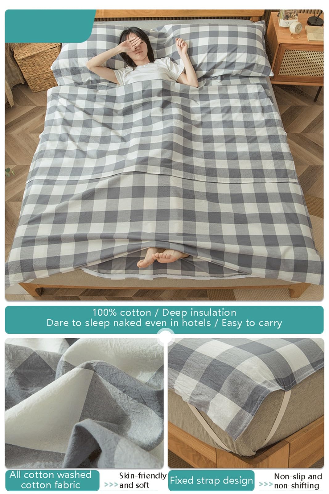 RUZGAR Travel Saco de Dormir 100% Algodón Lavado Sábana para Saco de Dormir para Acampada y Viaje Forro para Saco de Dormir Simple y Doble