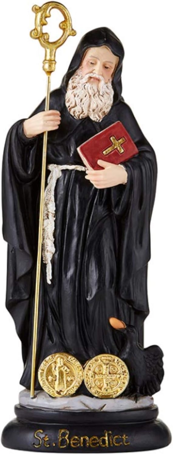 Christian Brands St. Benedict Statue for Home Decor, Shelf and Mantle Decoration, Saint Figurine Holding Bible and Crozier, Religious Gift 8 Inches