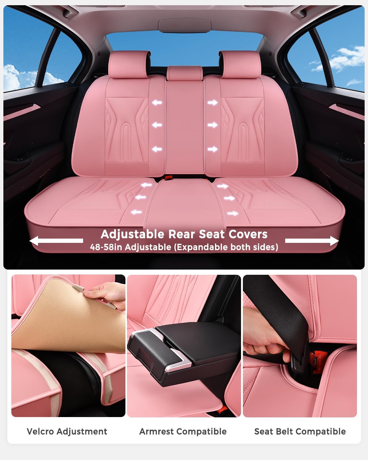 Huidasource Car Seat Covers Full Set, Universal Fit for Most Cars SUV Trucks, Full Coverage Nappa Leather Seat Cover, Airbag, Cupholder Compatible, Velcro Adjustable, Seat Function Retain, Pink