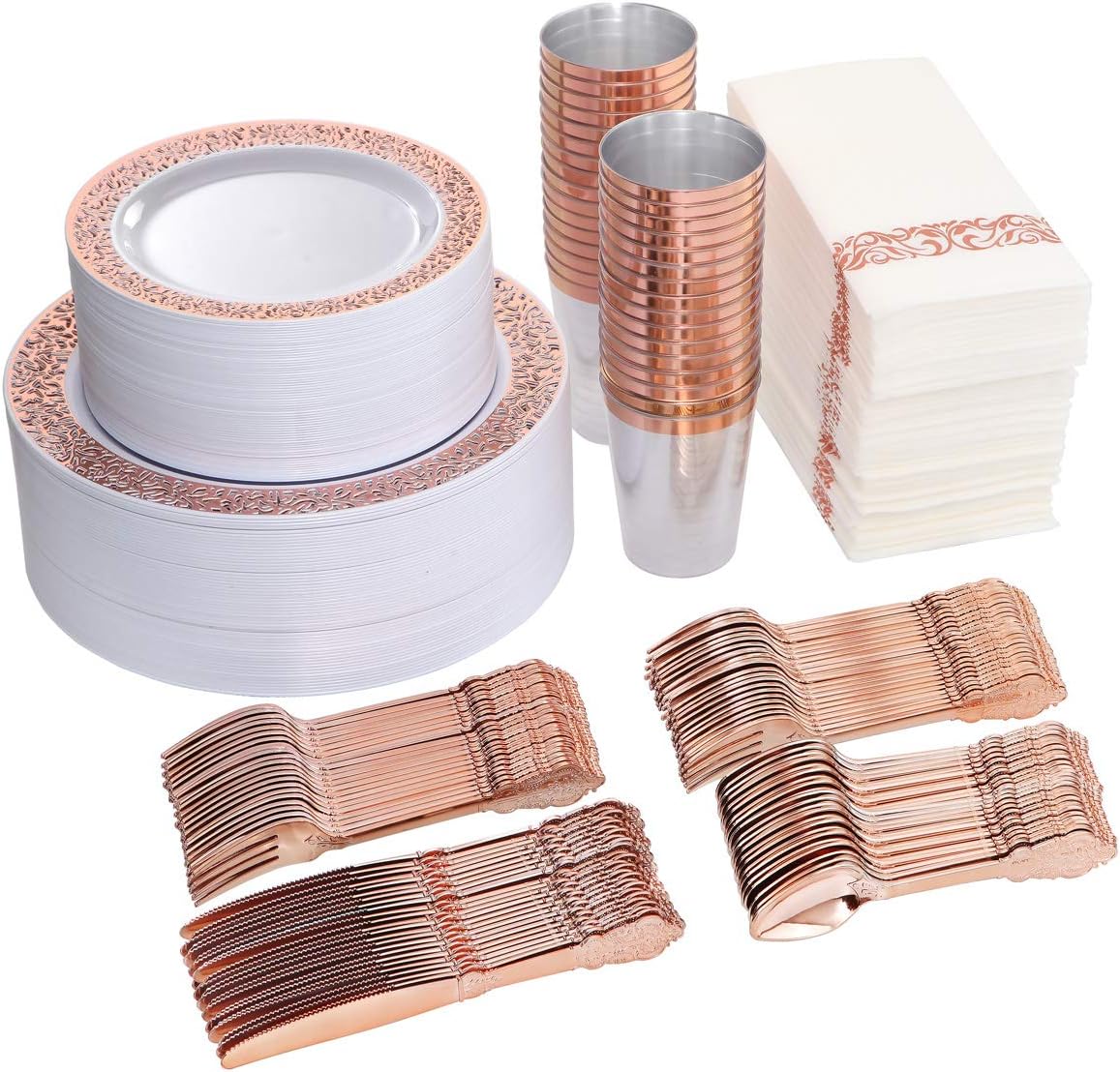 I00000 50 Guests Plastic Dinnerware Set, 100 Rose Gold Plastic Plates, 150 Rose Gold Silverware-50 Forks, Knives and Spoons Each, 50 Disposable Cups, Paper Straw and Napkins Each