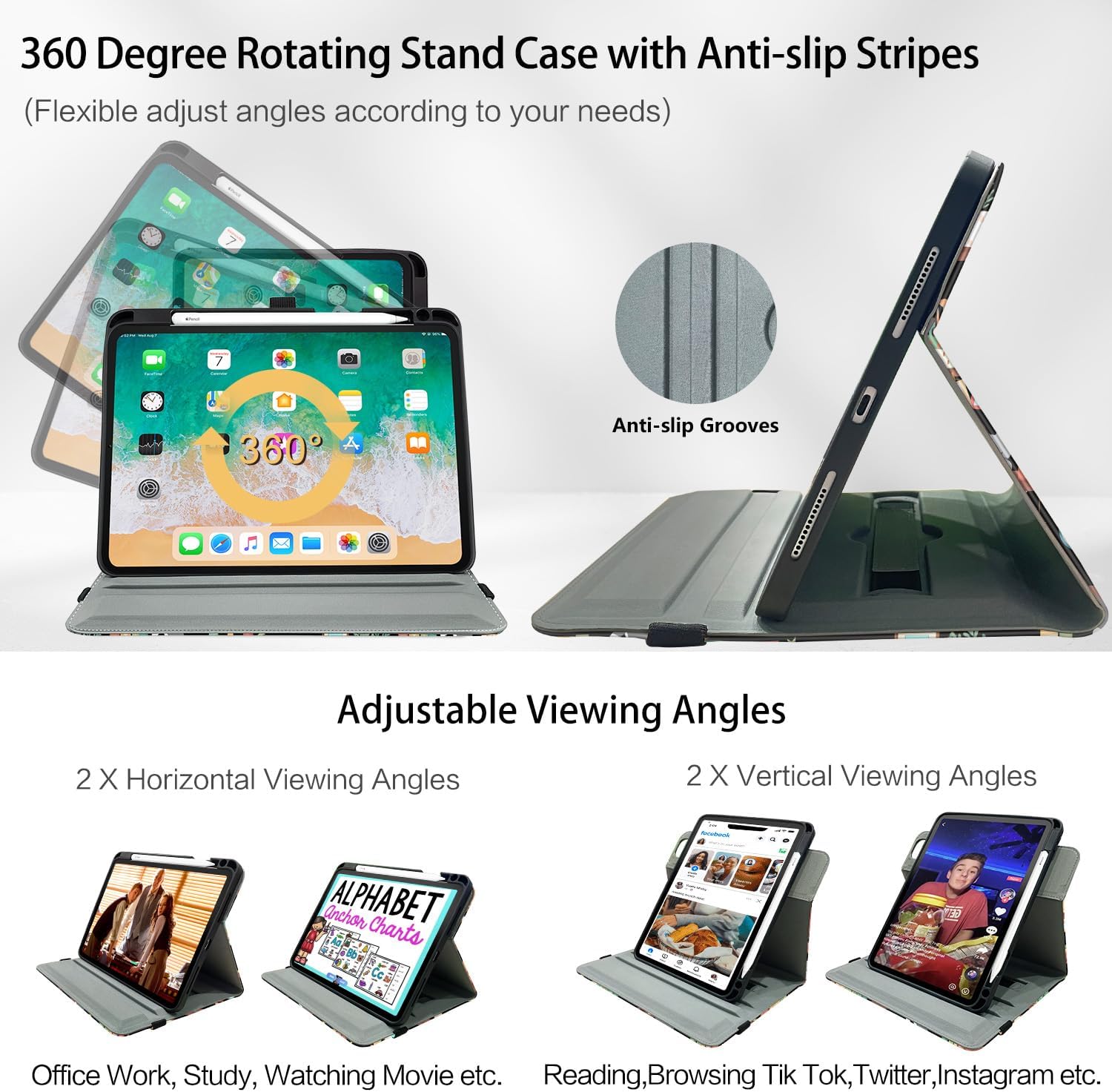 Rotating iPad Air 11-inch Case M4/M3/M2, Case for iPad Air 5th/4th Generation 10.9 Inch, 360 Swivel Multi-Angle Adjustable Stand Pencil Holder/Pocket/Hand Strap for iPad Pro 11-inch case Bookshelf Cat