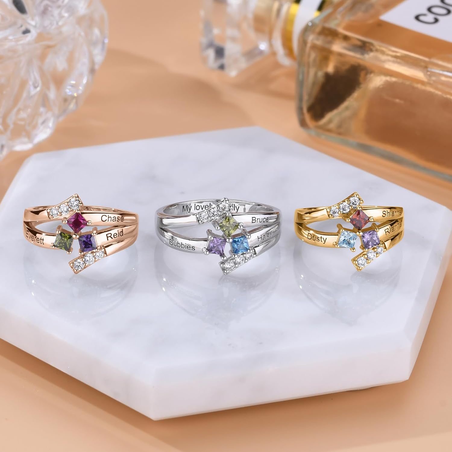 Personalized Sterling Silver Mothers Ring with 1-9 Birthstones Custom Engraved Name Family Ring for Women Jewelry Gift for Mom Wife Grandma Mother's Day or Birthday