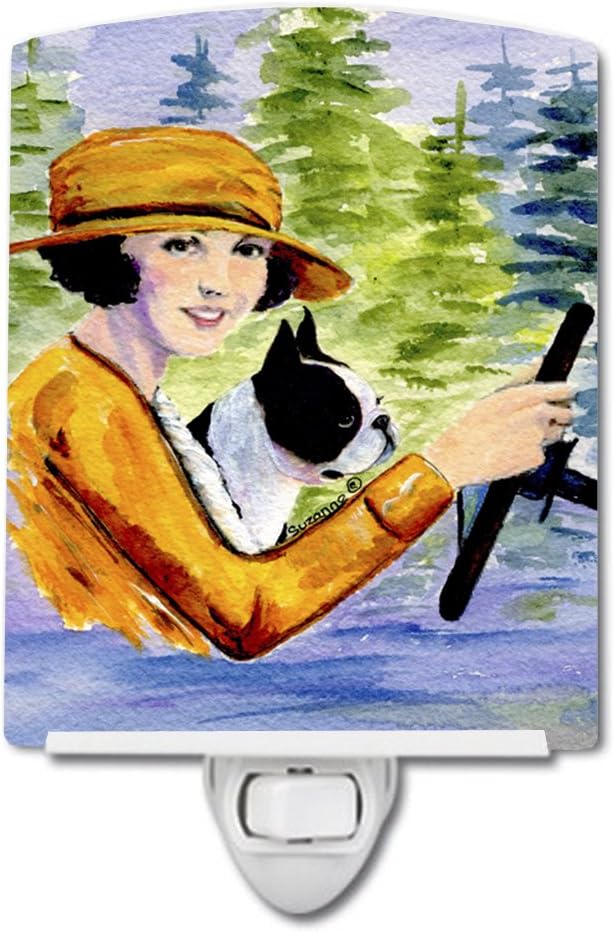 Caroline's Treasures SS8534CNL Woman Driving with her Boston Terrier Ceramic Night Light Compact, UL-Certified, Ideal for Bedroom, Bathroom, Nursery, Hallway, Kitchen, 6x4x3, Multicolor