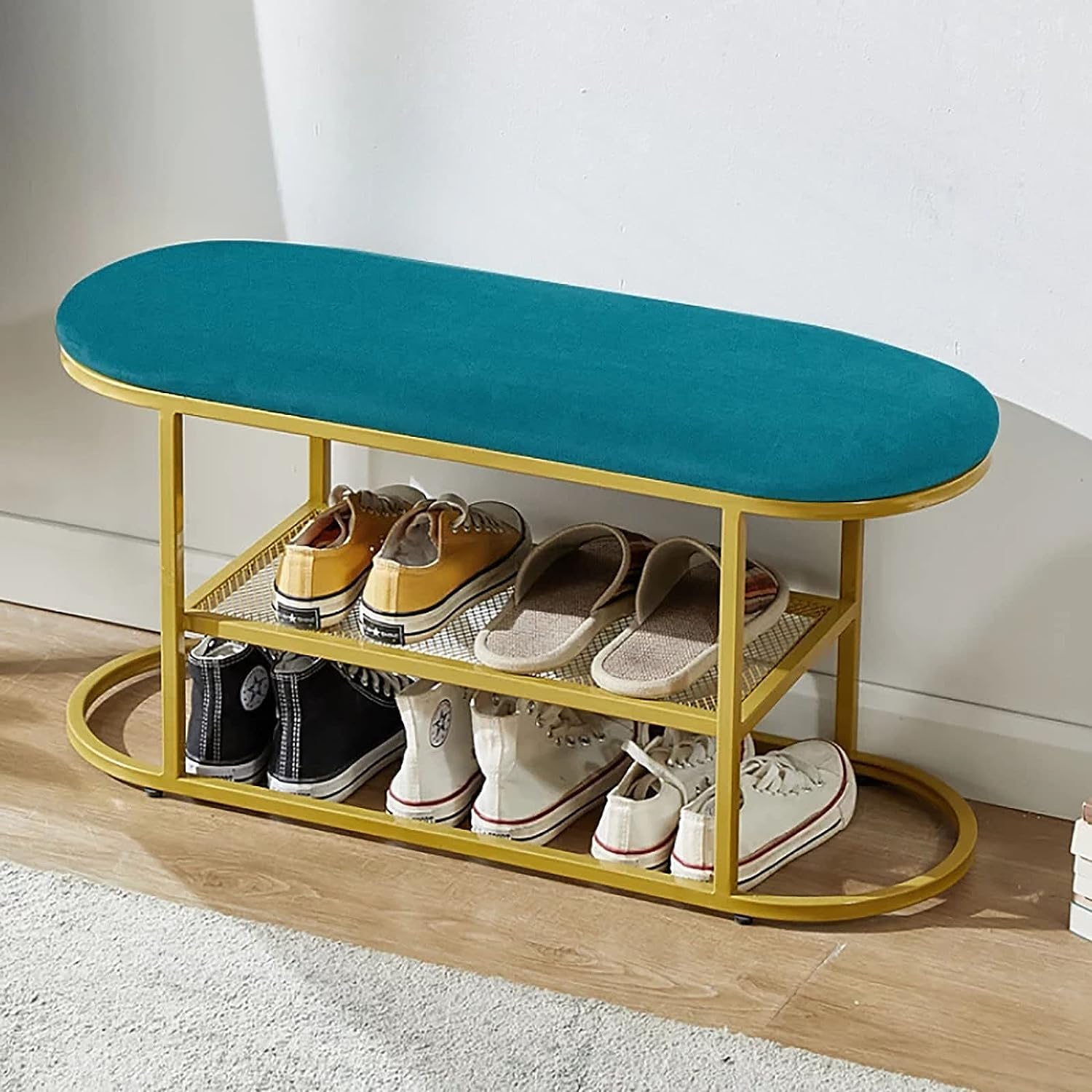 Banc à chaussures nordique avec coussin et étagère métal pour entrée