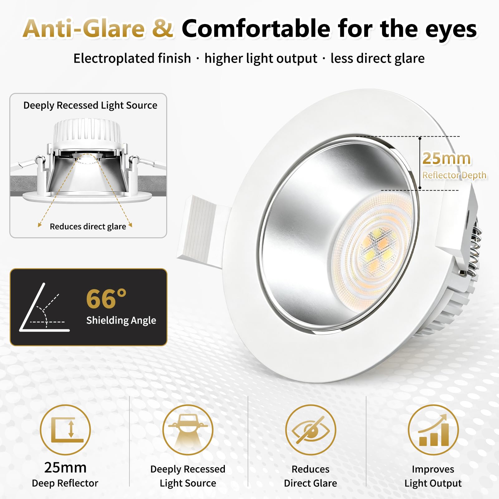 YindaLux 6x LED Einbaustrahler 230V Dimmbar, 5W 550LM 3000K/4000K/6500K, Schwenkbare Deckenspots IP44 Einbauspots, Tiefe Reflektorschale, Abnehmbares LED Modul, 38°/120°, Ø75-80mm Loch, Weiß Silber