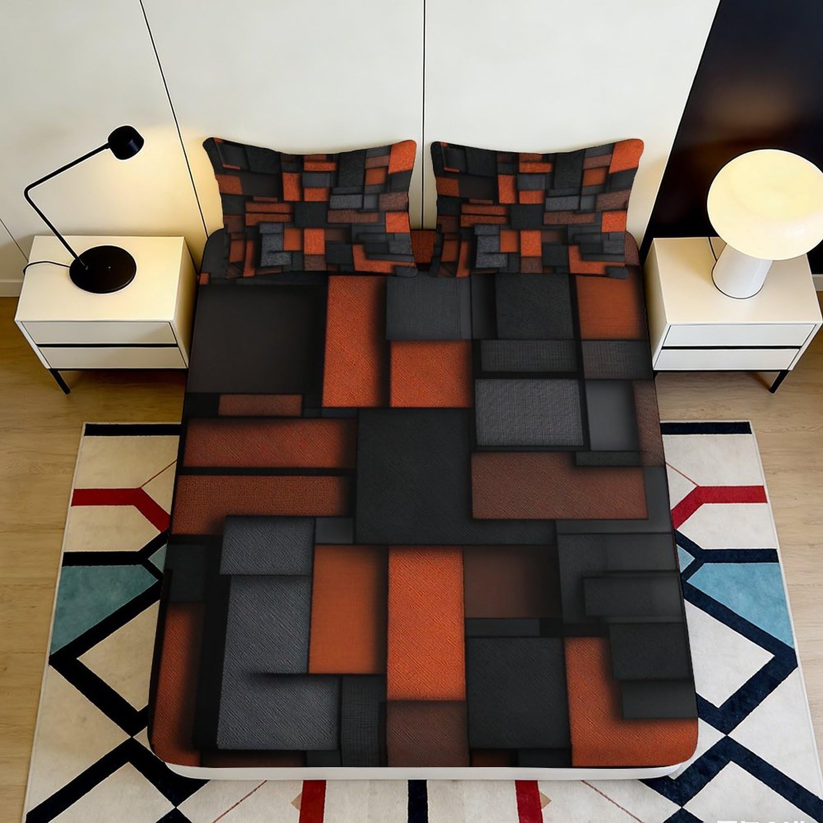 3D Printed Geometric Pattern Fitted Sheet Microfiber Durable Soft 3D Printed Square Blocks Mattress Cover for Bedroom Dormitory Guest Room 90x200x25cm