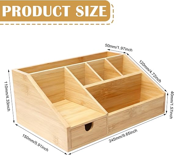 GBKDQQ Bamboo Desk Organiser with Drawer Wooden Desk Organiser Pen Box Desk Table Organiser Bamboo Pen Holder Shelf for Office and Home Office 24.5 x 15 x 11 cm
