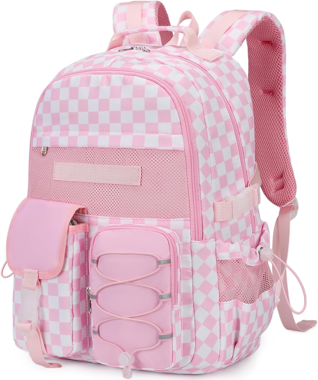 Octsky School Backpack for Teen Girls Checkered Bookbags Elementary High School Laptop Bags Women Travel Daypacks, Pink/White