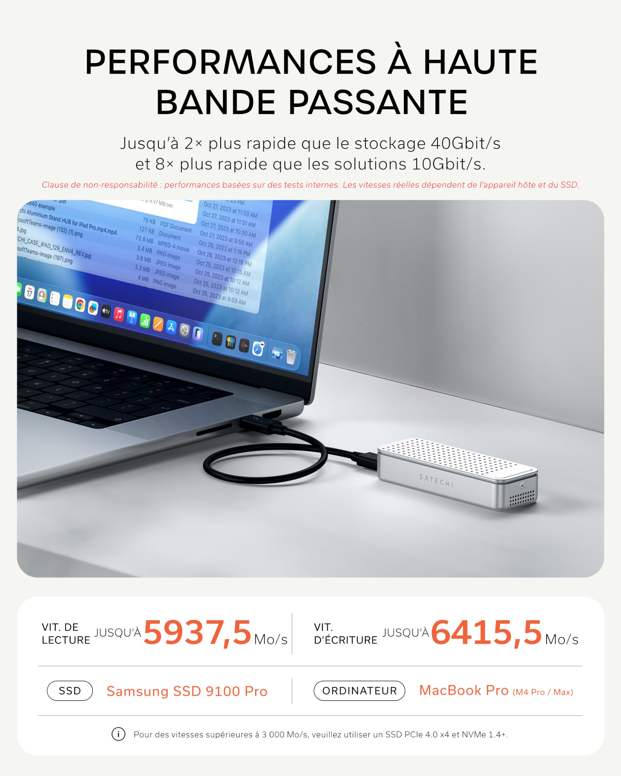 SATECHI DotDisk™ Boîtier SSD M.2 NVMe 80Gbps, USB4 V2 en Aluminium avec Refroidissement Actif, Transfert Ultra Rapide pour Thunderbolt 5 et USB4 – Argent