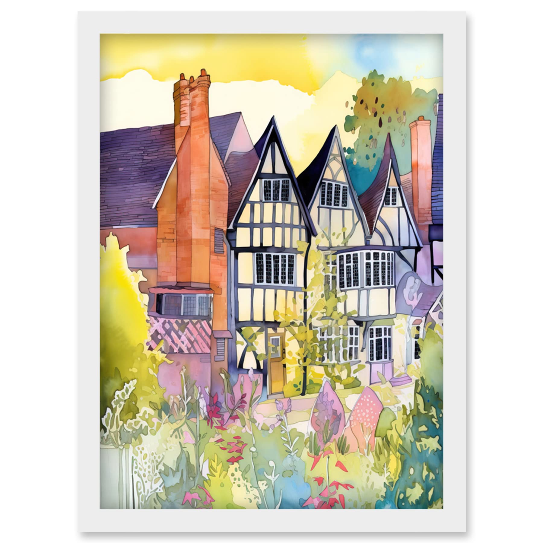 Artery8 Sunrise Over Tudor Houses and Spring Blossoms Modern Watercolour Painting Artwork Framed Wall Art Print A4
