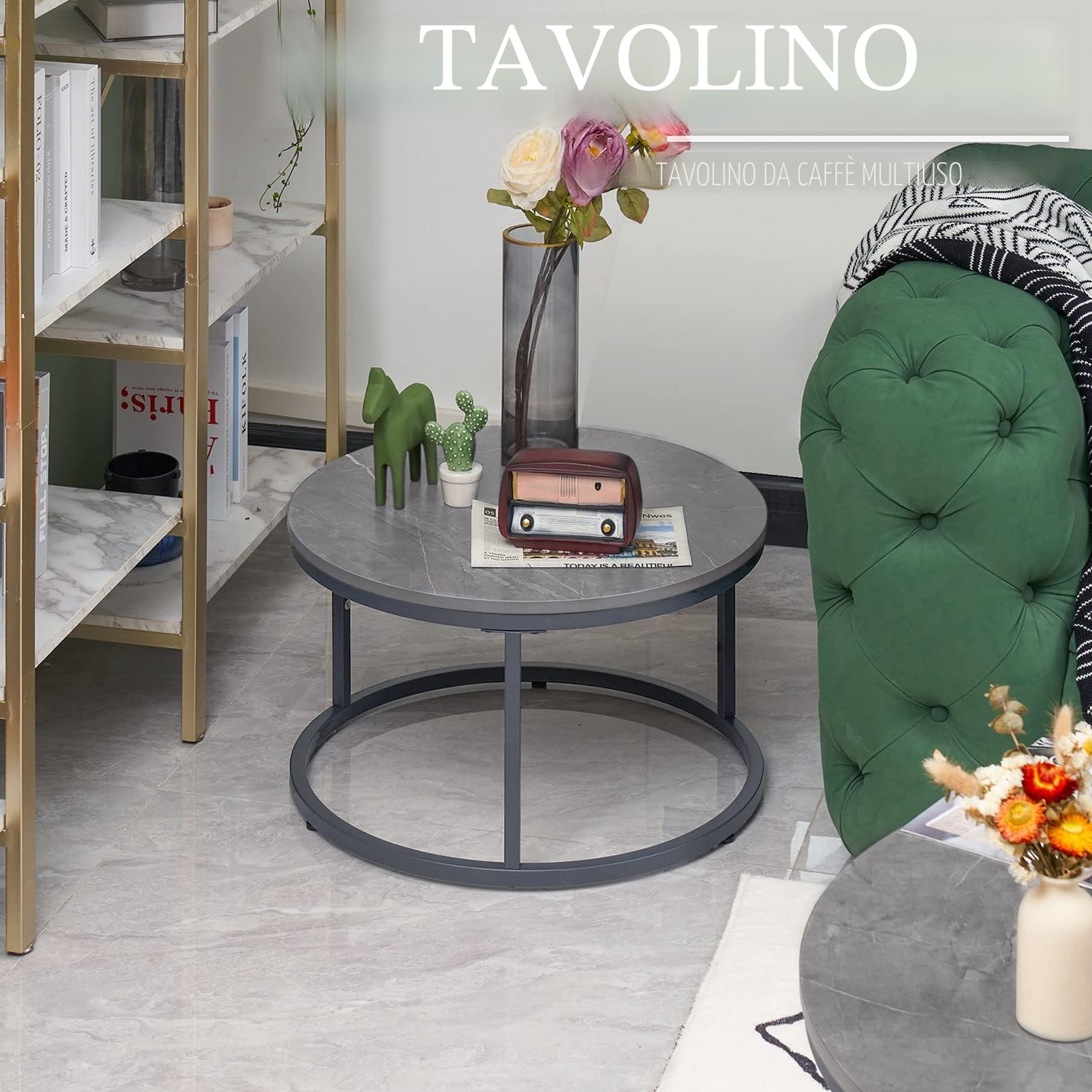 Tavolino da Salotto con cornice grigia, Tavolini da Salotto avec effet marbre gris, Tavolo Rotondo Set de 2, Tavolino Salotto Moderno