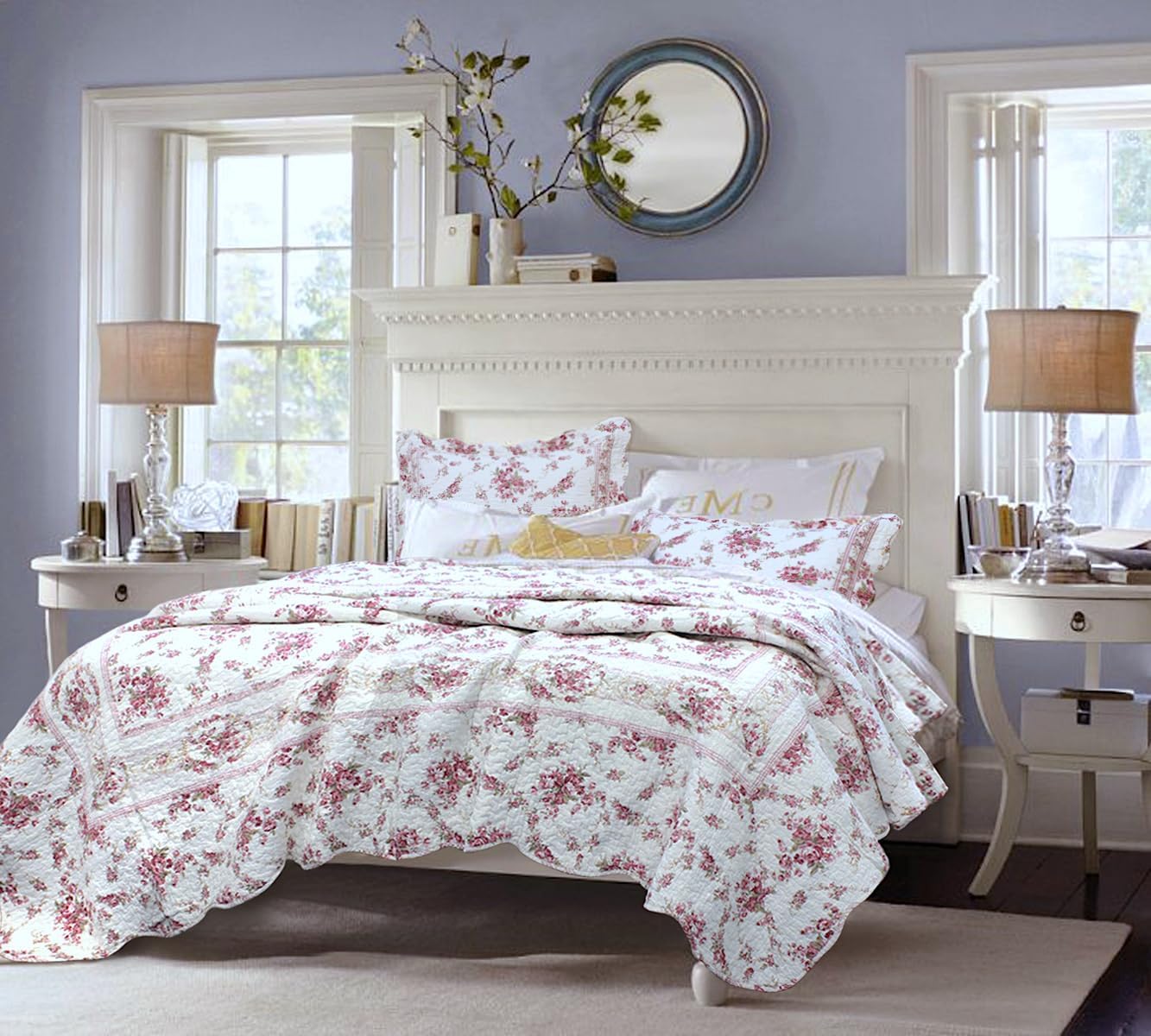 100% Cotton 3 Piece Queen Quilt Bedding Set, Shabby Chic Vintage Rose Floral Lightweight Reversible Coverlet Bedspread for All Season