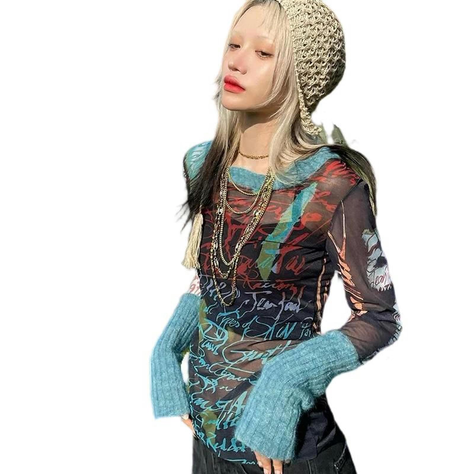 T-Shirt grafiche Streetwear Y2k Donna Maglia Trasparente Patchwork a ma Lunghe Top Vestiti Estetica Anni '90-Beige-L