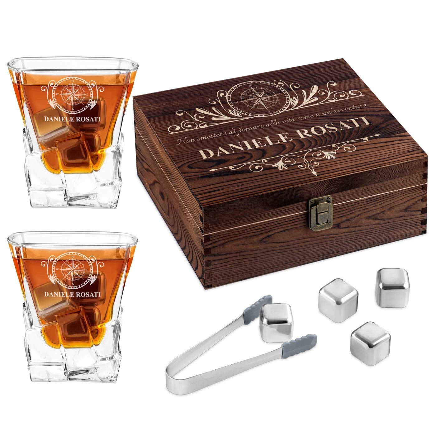 Maverton Set di Pietre da Whisky - in un cofanetto personalizzato - 8 cubetti di ghiaccio + 2 bicchieri con incisione - riutilizzabili - in granito - regalo uomo - bussola