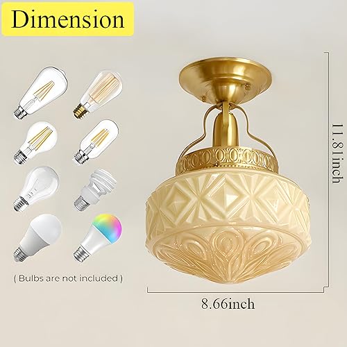 Miniatura 9 de Lámpara de techo semiempotrada dorada, lámpara de latón, luces de techo de vidrio amarillo leche vintage, lámparas de pasillo, lámpara de mediados