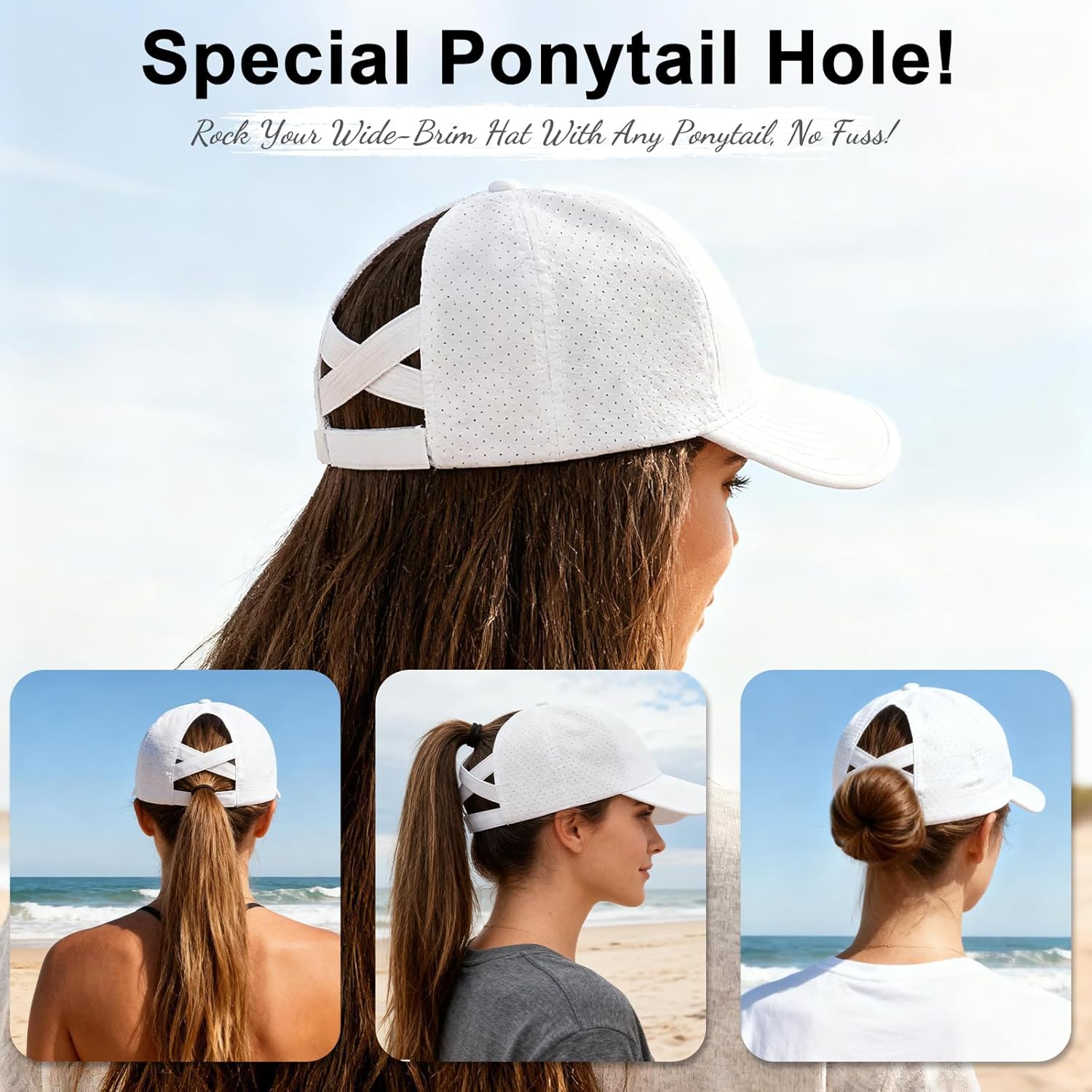 Women's Wide Brim Sun Hat with Ponytail Hole, UV Protection Criss Cross Sun Visor Hat, Lightweight & Quick-Drying Beach Cap - Image 4