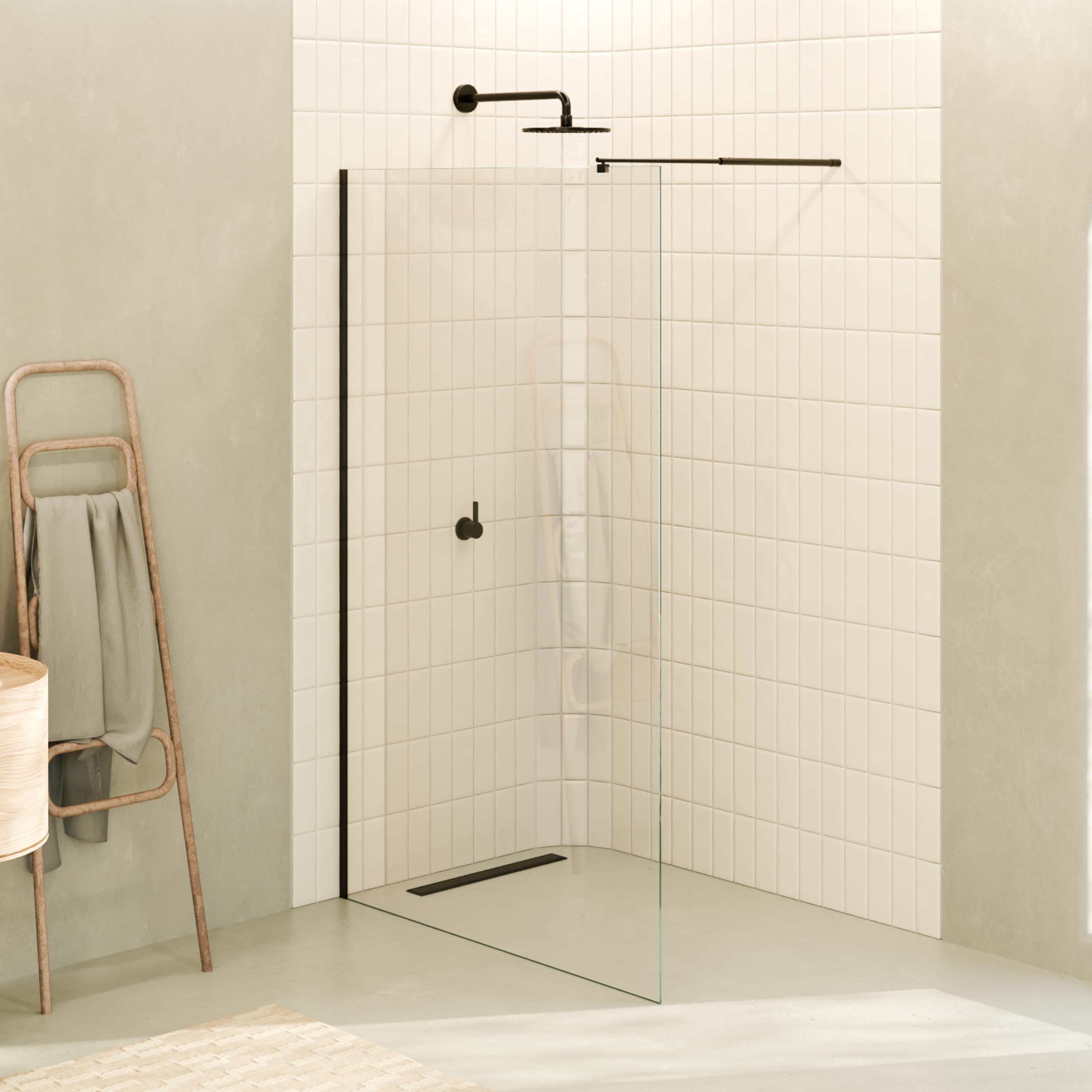 Mampara de Ducha, Panel Fijo, Walk In Fiona 130x200 cm - Vidrio de Seguridad Templado Transparente de 10 MM, Barra Estabilizadora 20BM y Perfil de Pared de Inox Negro