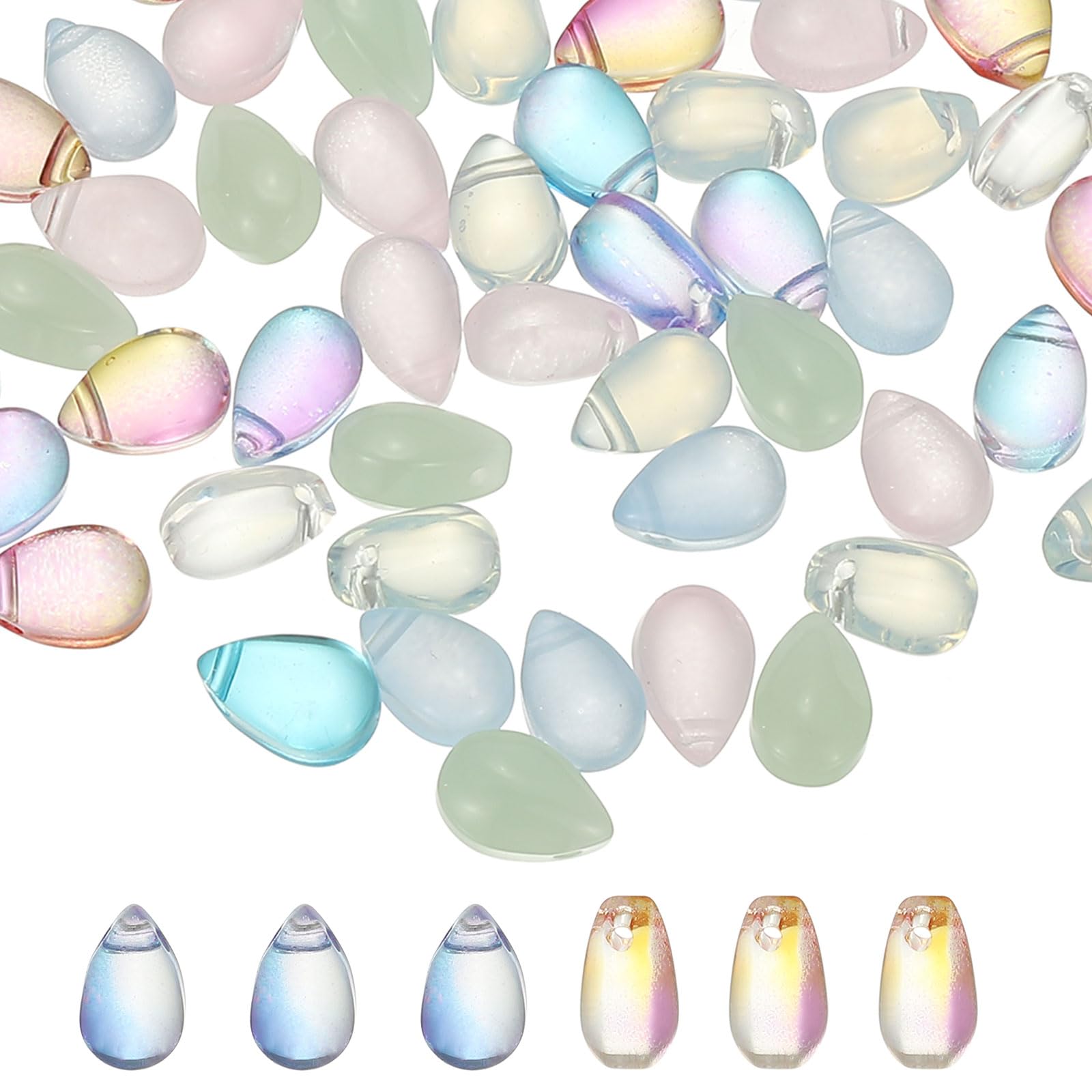 PATIKIL Czech Glass Teardrop Beads, 50 Pcs Top Drilled Clear Glass Seed Beads Crystal Puffed Raindrop Beads, Multicolor, 6x9mm