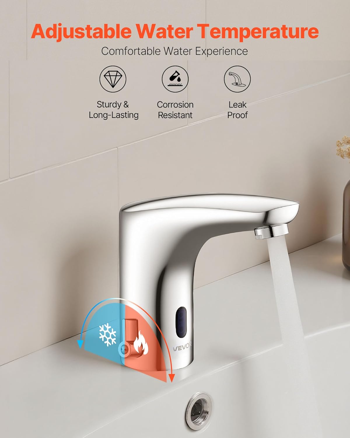 VEVOR Touchless Bathroom Sink Faucet, Automatic Motion Sensor Restroom Toilet Faucet, HandsFree Adjustable Cold Hot Single Handle Water Mixer Battery Operated for 9/16 in Pipe,Chrome Plated Silver