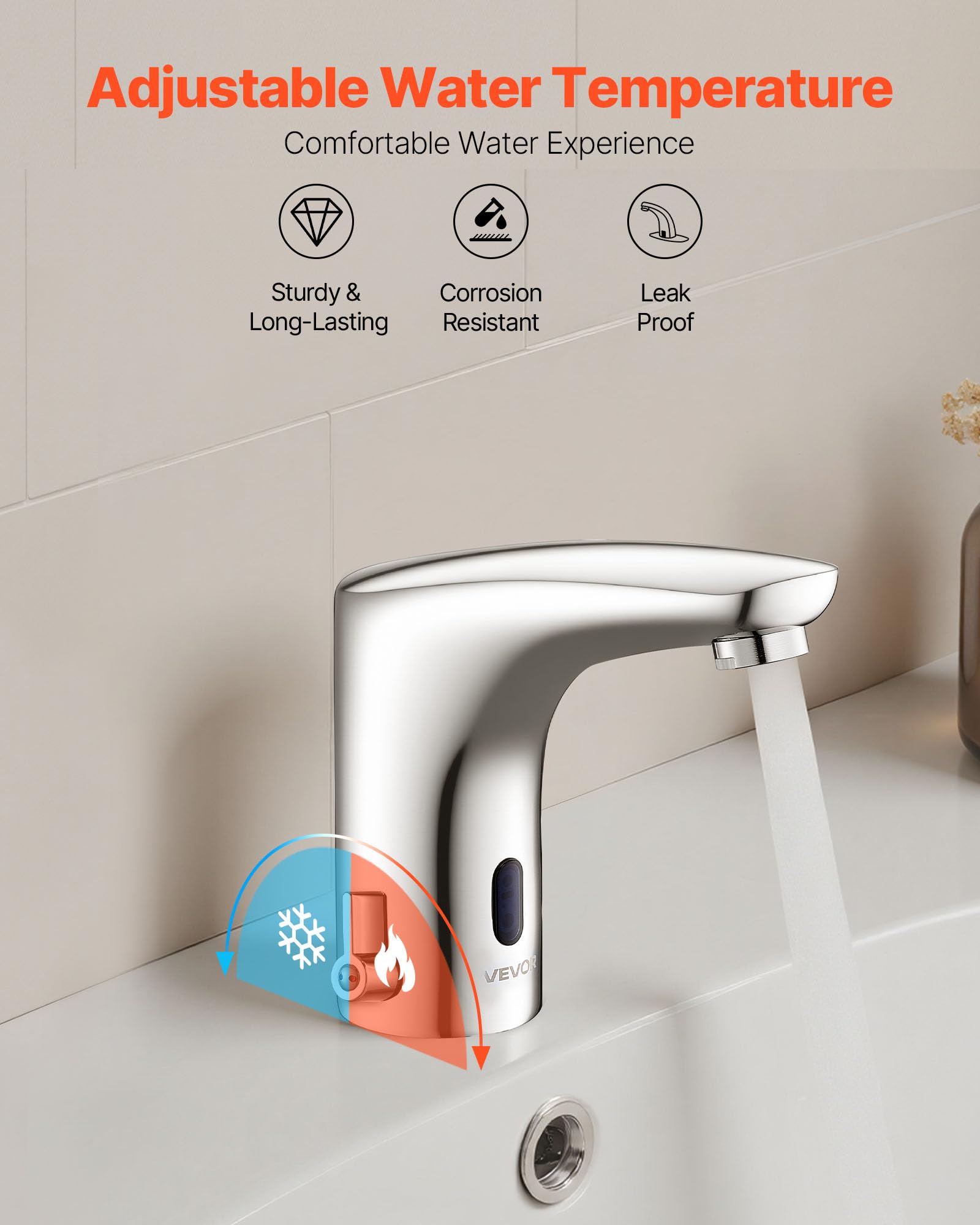 VEVOR Rubinetto per Lavabo Senza Contatto, Rubinetto Automatico con Sensore a Batteria per Bagno Miscelatore Maniglia Singola Regolabile a Mani Libere, Acqua Fredda e Calda, Argento Cromato